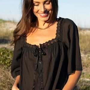 NATURAL LIFE Black Prettiest Cotton Lace Blouse